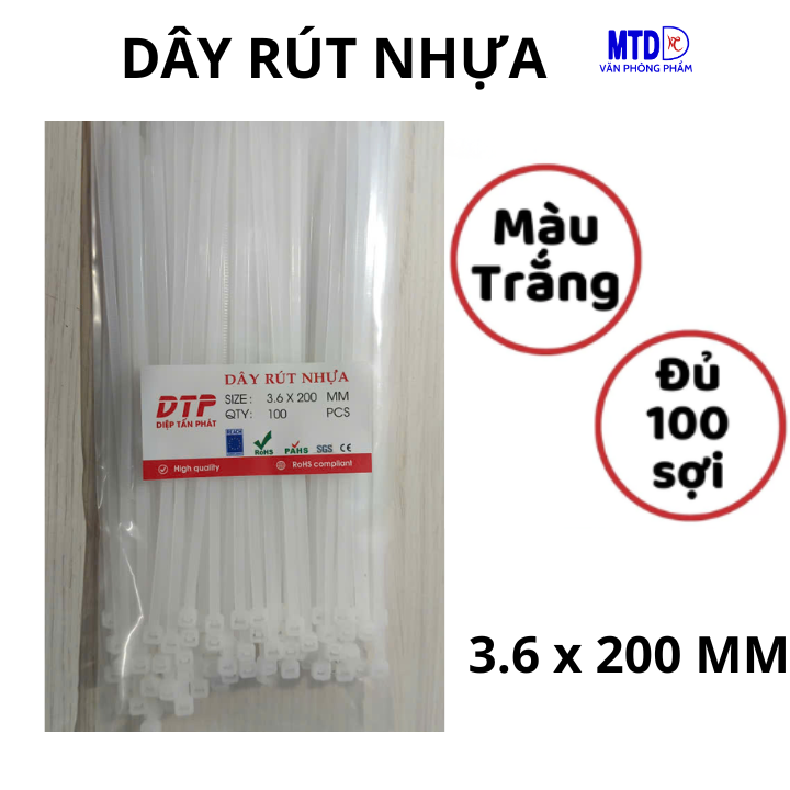 Dây rút nhựa 1.9x100mm ; 2.6x150mm ; 2.8x200mm; 3.6x20mm màu trắng