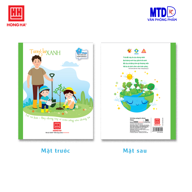 Tập/Vở học sinh  4 ô ly  vuông, 96 trang Hồng Hà Class Tương Lai Xanh - 0304,ĐL: 100gsm
