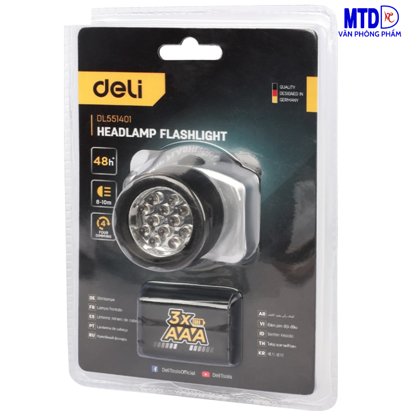 Đèn pin đội đầu 40lm Deli DL551401 kèm pin