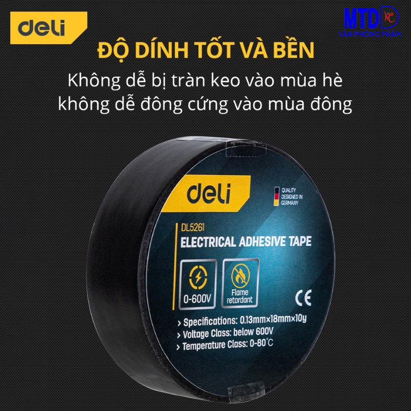 Băng Dính Cách Điện DELI màu đen - Chất Liệu Chống Cháy Hiệu Quả Bọc Dây Điện, Mối Nối