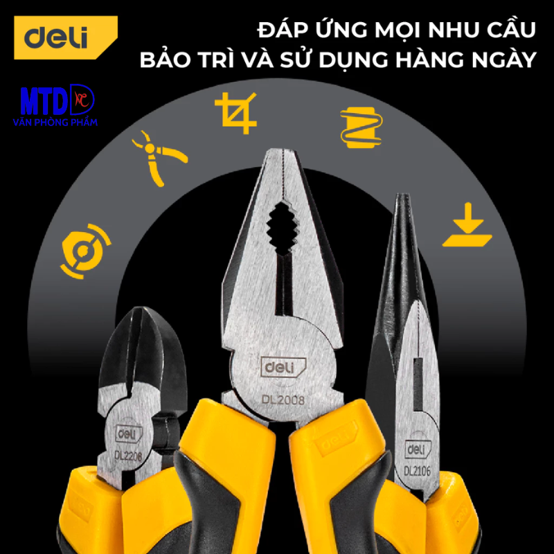 Bộ 3 Kìm Đa Năng Deli -HÀNG CHÍNH HÃNG Chất Liệu Thép CR-V Chống Mòn, Gỉ - Kìm Cắt Dây Điện, Kìm Mũi Nhọn, Kìm Kẹp Cắt Thép