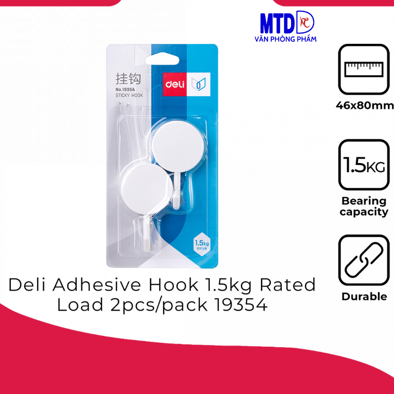Móc treo đồ dính tường Deli , trọng lượng tối đa 1.5kg -Deli 19353  (vĩ 4 cái), Deli 19354 (vĩ 2 cái)