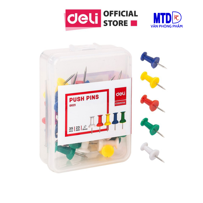Ghim giấy  mũ nhựa màu  Deli 0021 - Đinh dù nhựa màu dùng ghim bảng nỉ [Hộp 35 cái]