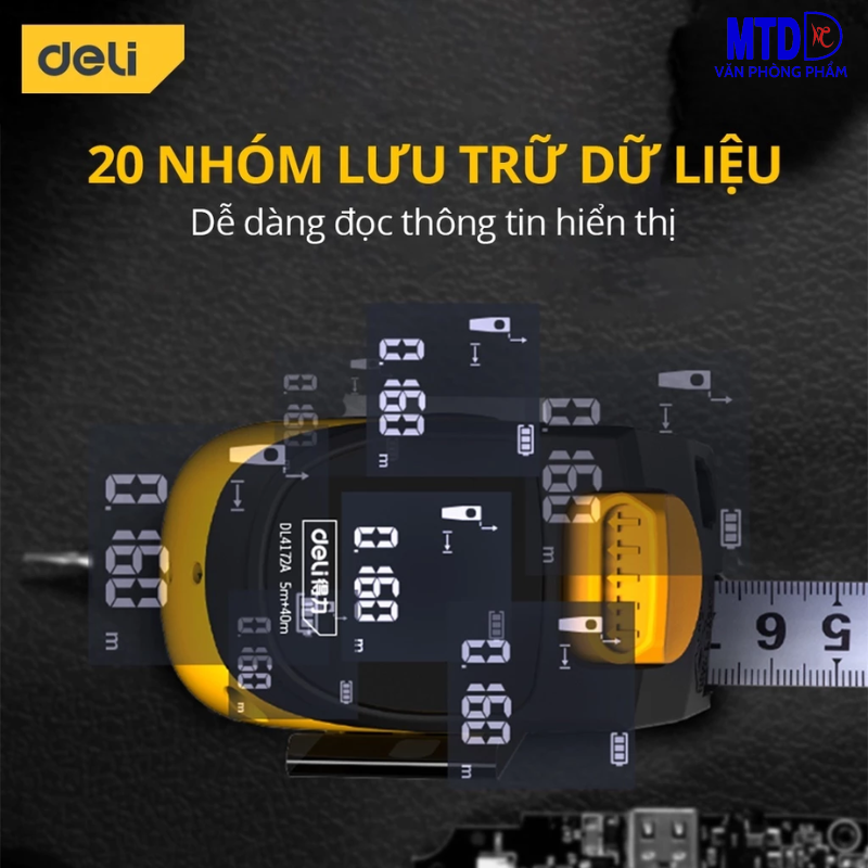 Thước Đo Khoảng Cách Laser Kết Hợp Thước Dây Thép Deli - Đo Laser 30m, Đo Thủ Công 5m - Màn Hình LED Hiển Thị Chính Xác-DL4172