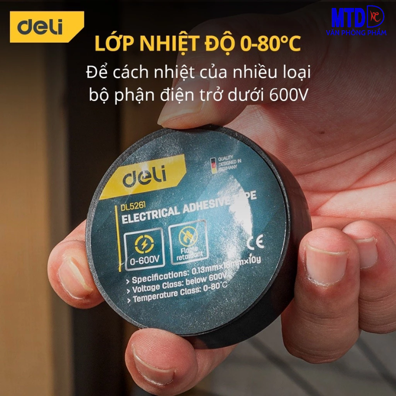 Băng Dính Cách Điện DELI màu đen - Chất Liệu Chống Cháy Hiệu Quả Bọc Dây Điện, Mối Nối