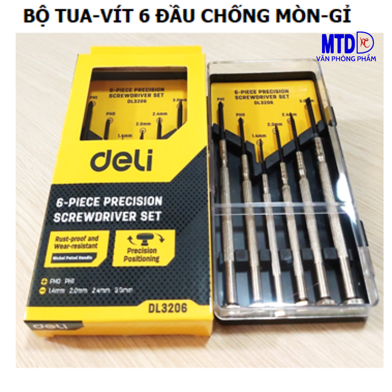 Bộ Tua-vít đa năng với 6 đầu vít  mini đủ cỡ Chất liệu chống Mòn - Gỉ - Chính hãng Deli DL-3206 , sửa laptop.,linh kiện có ốc nhỏ