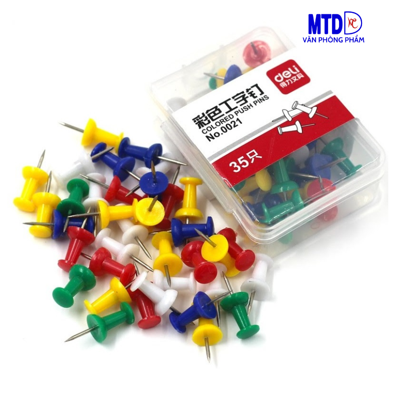 Ghim giấy  mũ nhựa màu  Deli 0021 - Đinh dù nhựa màu dùng ghim bảng nỉ [Hộp 35 cái]