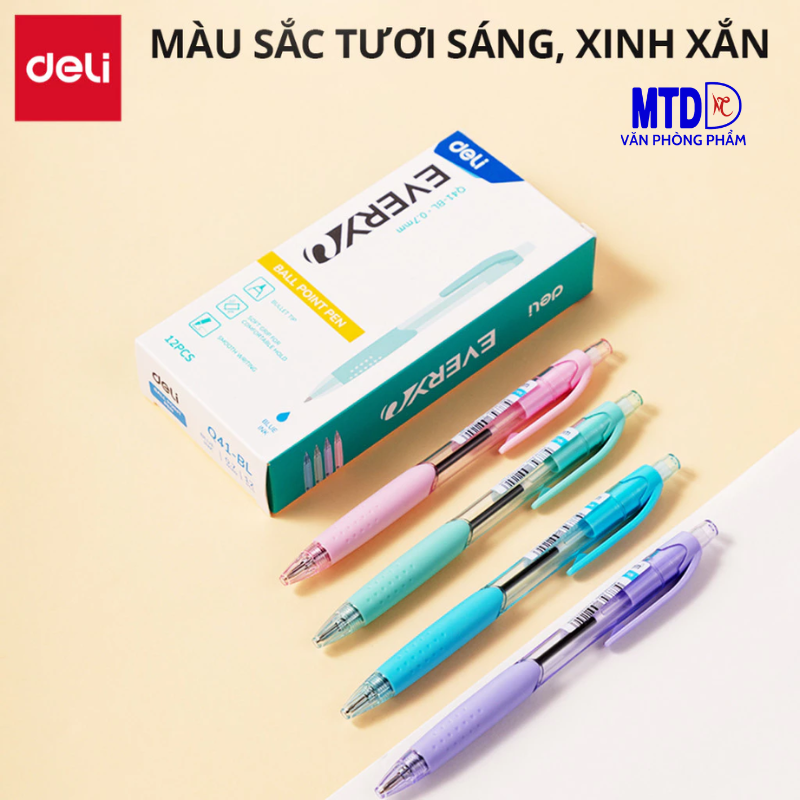 Bút Bi Bấm màu xanh 0.7 mm - Deli EQ41 - Màu Xanh ( thân bút nhiều màu giao ngẫu nhiên)