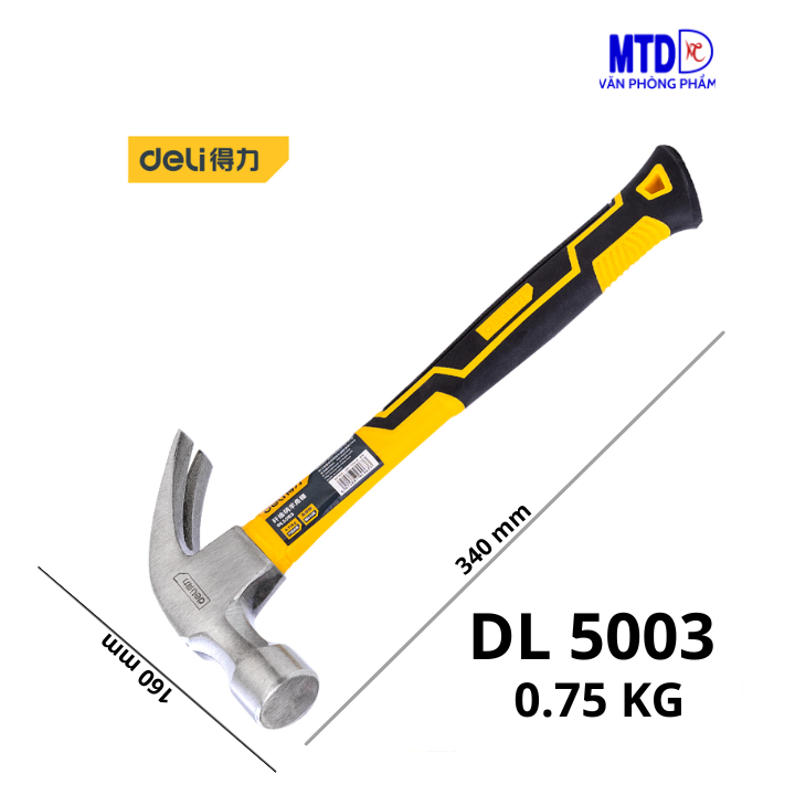 Búa Nhổ Đinh Deli 0.25kg (DL 5001), 0.5kg (DL 5027Y), 0.75kg (Dl 5003) - Thép Carbon Cao Cấp, Cán Nhựa Chống Trượt. Đầu búa chống xốc, được xử lý nhiệt