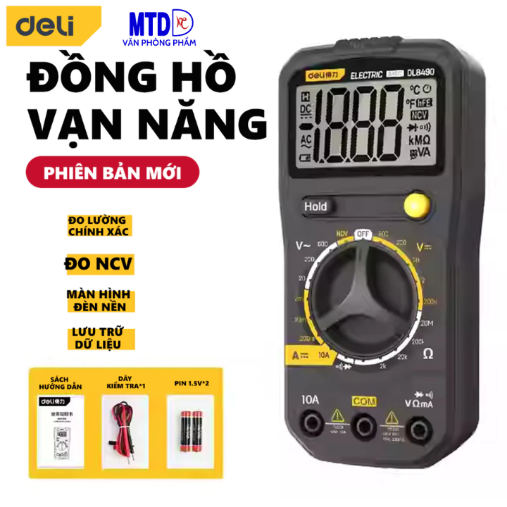 Đồng hồ vạn năng Deli Kẹp Ampe chính hãng -Màn hình LED kỹ thuật số - Phạm vi đo 600V-DL8490