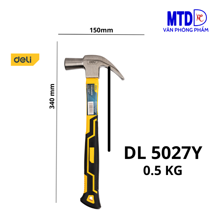 Búa Nhổ Đinh Deli 0.25kg (DL 5001), 0.5kg (DL 5027Y), 0.75kg (Dl 5003) - Thép Carbon Cao Cấp, Cán Nhựa Chống Trượt. Đầu búa chống xốc, được xử lý nhiệt