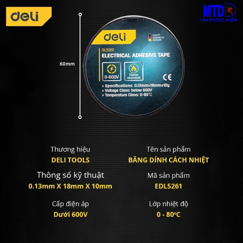Băng Dính Cách Điện DELI màu đen - Chất Liệu Chống Cháy Hiệu Quả Bọc Dây Điện, Mối Nối