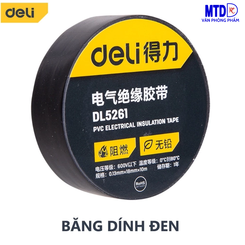Băng Dính Cách Điện DELI màu đen - Chất Liệu Chống Cháy Hiệu Quả Bọc Dây Điện, Mối Nối
