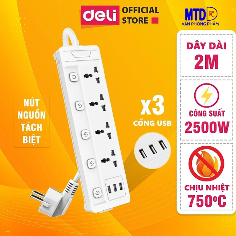 Ổ điện chất lượng cao của Deli  3 ổ cắm  diện kèm 3 ổ cắm USB 2m và 4 ổ cắm  điện 3