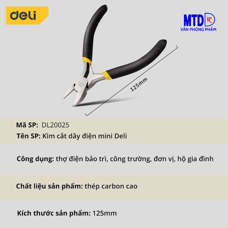 Kìm Cắt Dây Điện Mini Deli - Kềm Chất Liệu Thép Carbon Cao Cấp Chống Mòn Gỉ, Dài 125mm Nhỏ Gọn DL20025