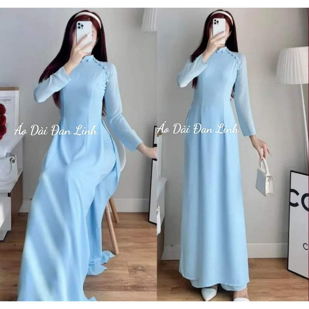 Áo dài xanh dương đính cúc tà Áo Dài Đan Linh