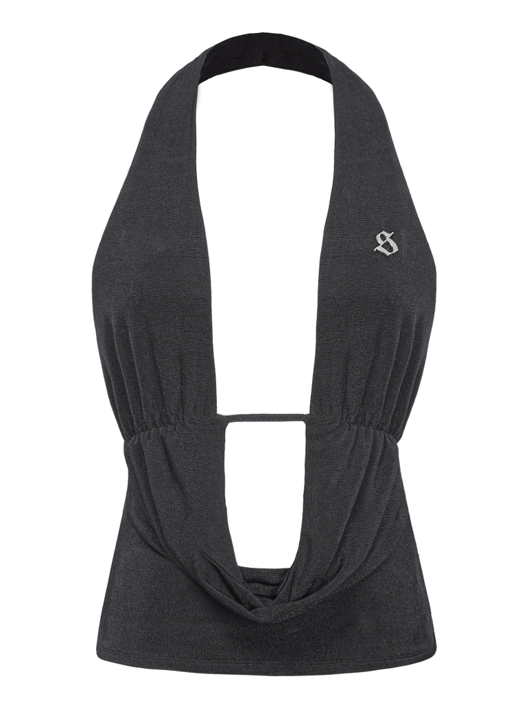 SISTERS Áo croptop cổ đổ hở lưng Mavis - Đen