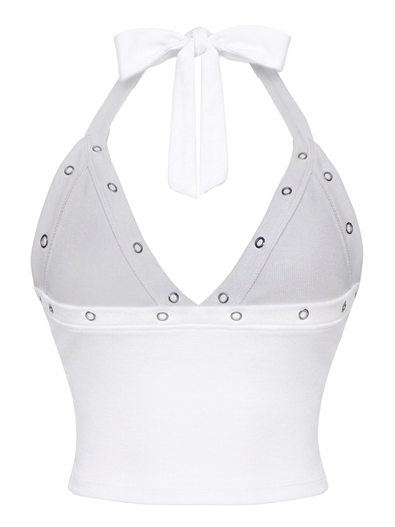 SISTERS Áo croptop cổ yếm hở lưng đính mắt cáo Jolene - Trắng
