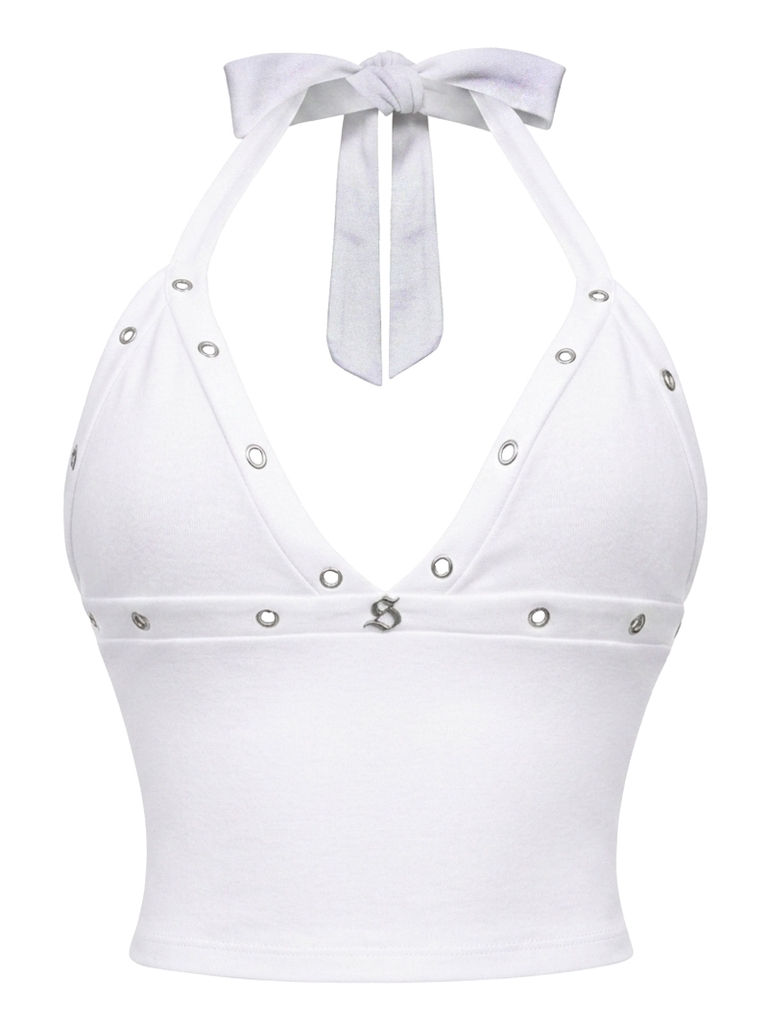 SISTERS Áo croptop cổ yếm hở lưng đính mắt cáo Jolene - Trắng