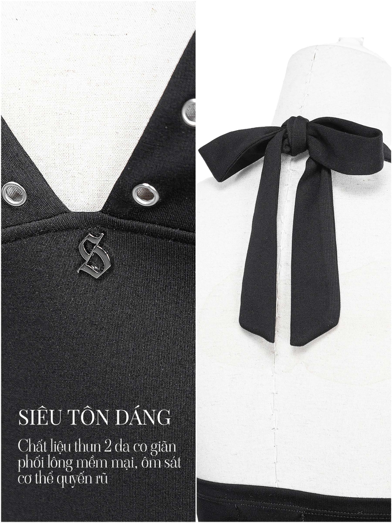SISTERS Áo croptop cổ yếm dây lưng thắt nơ Belinda - Đen