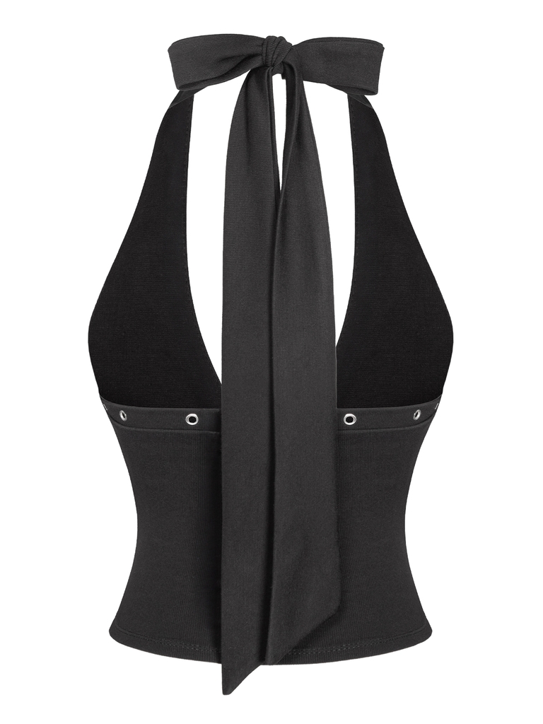 SISTERS Áo croptop cổ yếm phối khoen bạc Muse - Đen