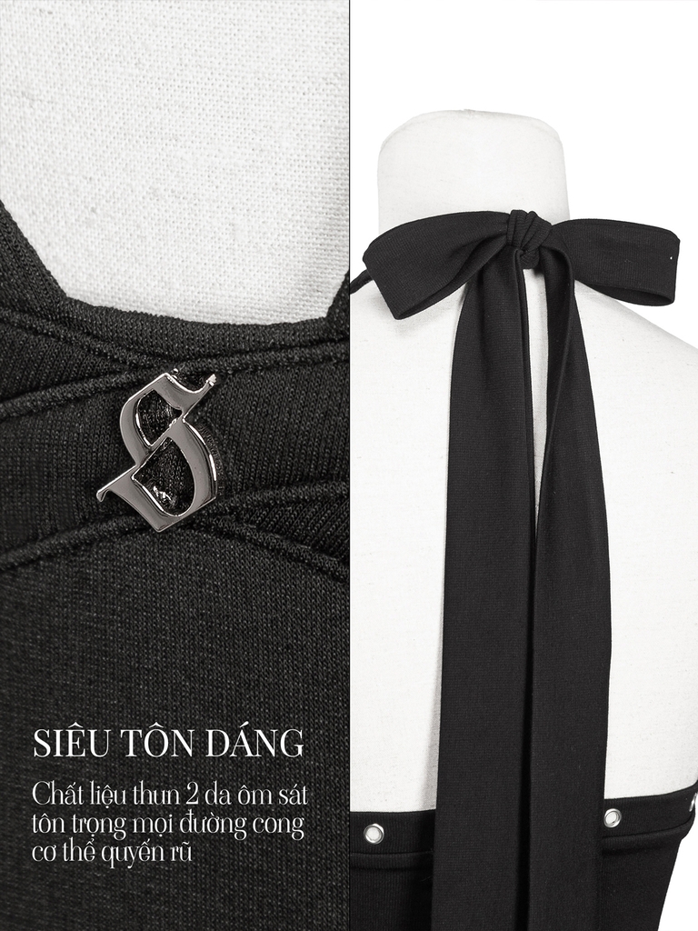 SISTERS Áo croptop cổ yếm phối khoen bạc Muse - Đen