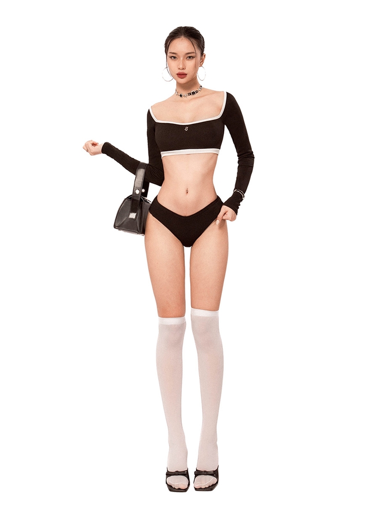 croptop dài tay bo viền SISTERS gợi cảm màu đen ôm body