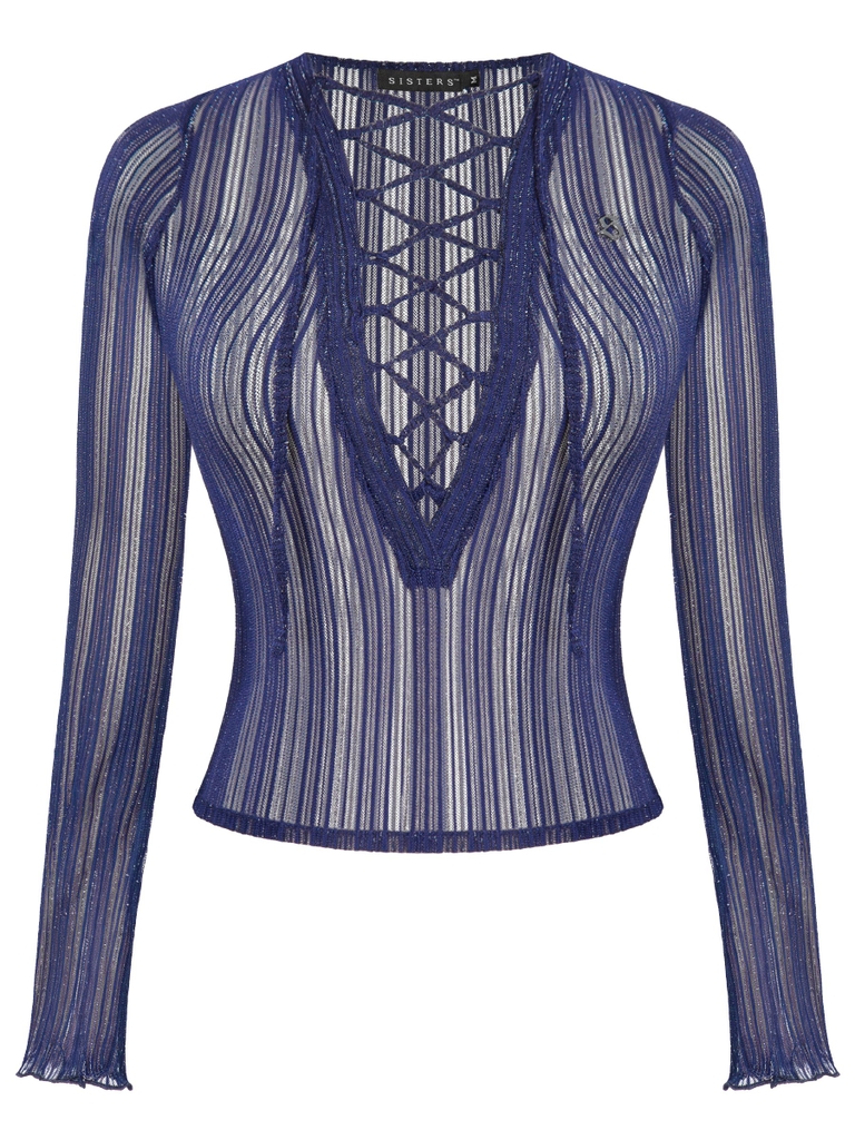 SISTERS Áo xuyên thấu đan dây ngực Linen - Xanh ánh kim