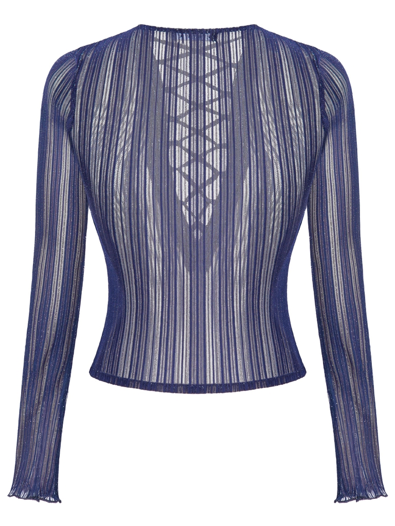 SISTERS Áo xuyên thấu đan dây ngực Linen - Xanh ánh kim