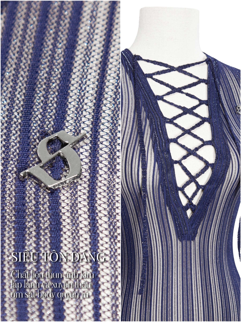 SISTERS Áo xuyên thấu đan dây ngực Linen - Xanh ánh kim