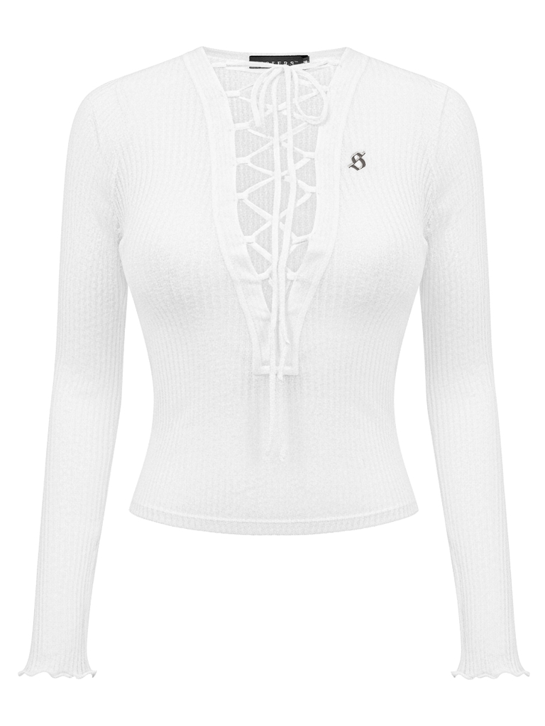 SISTERS Áo xuyên thấu đan dây ngực Linen - Trắng