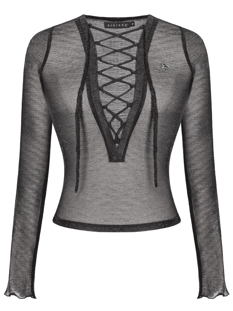 SISTERS Áo xuyên thấu đan dây ngực Linen - Đen ánh kim