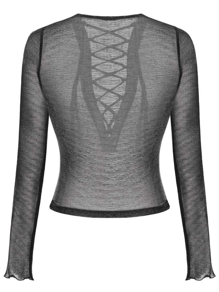 SISTERS Áo xuyên thấu đan dây ngực Linen - Đen ánh kim