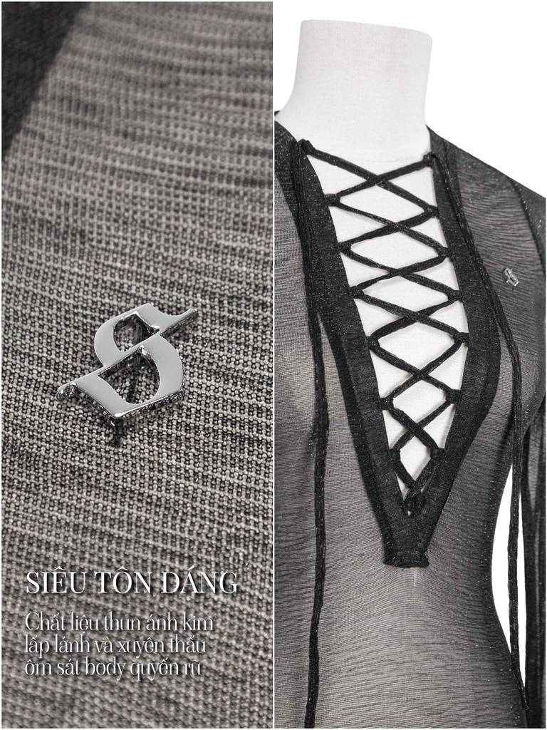 SISTERS Áo xuyên thấu đan dây ngực Linen - Đen ánh kim