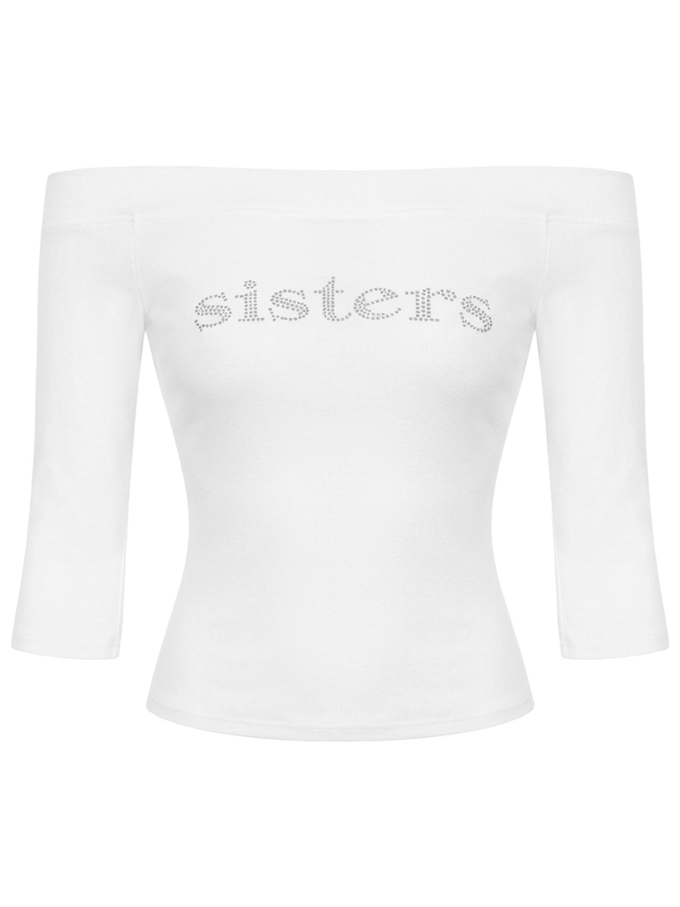 SISTERS Áo croptop tay lửng đính đá Lada - Trắng