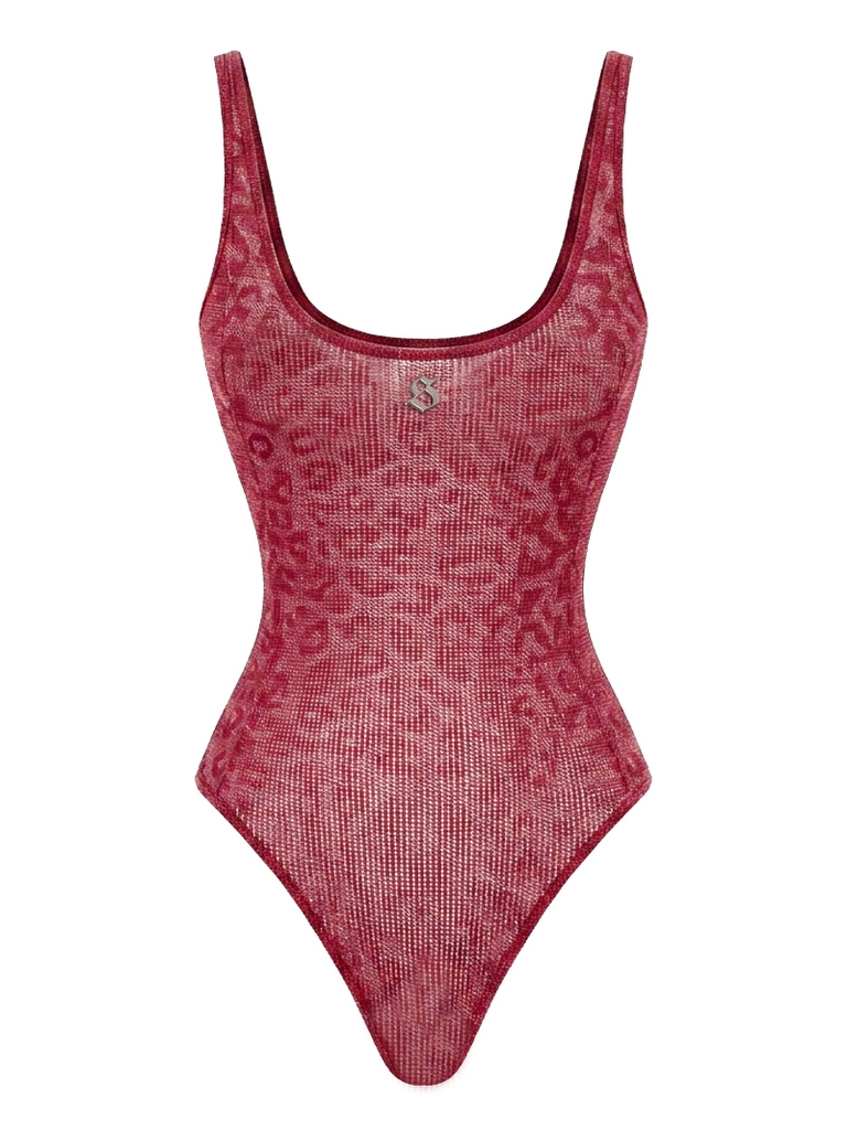 SS-J101 Bodysuit hoạ tiết da báo ánh kim Cassi - Đỏ