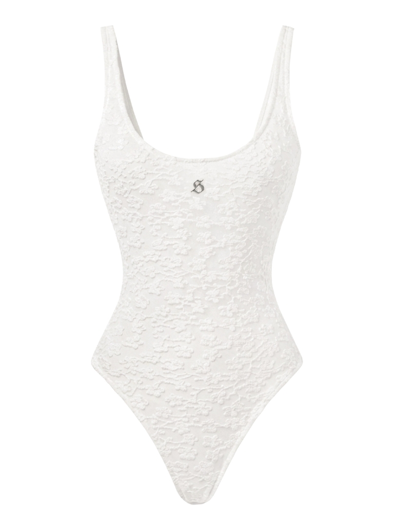 SISTERS Bodysuit hai dây xuyên thấu thêu hoa Orbit - Trắng