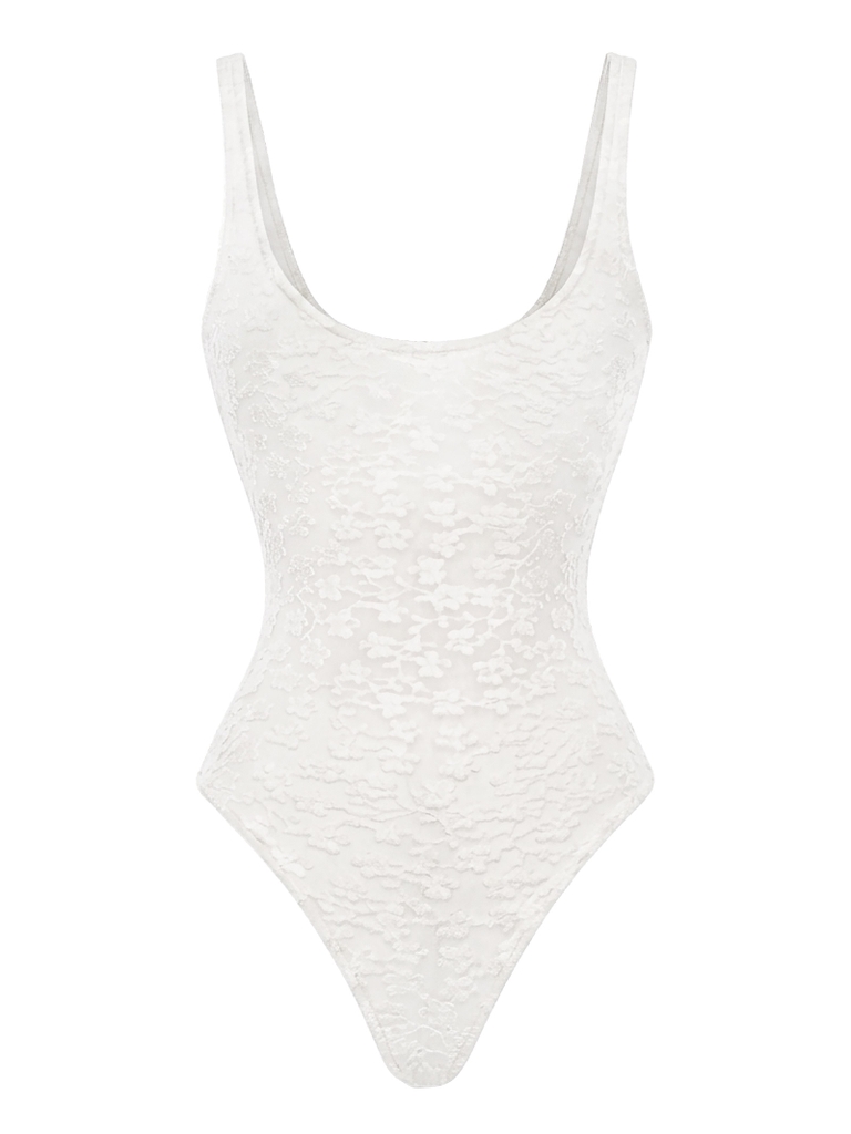 SISTERS Bodysuit hai dây xuyên thấu thêu hoa Orbit - Trắng