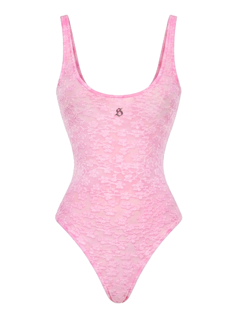 SISTERS Bodysuit hai dây xuyên thấu thêu hoa Orbit - Hồng
