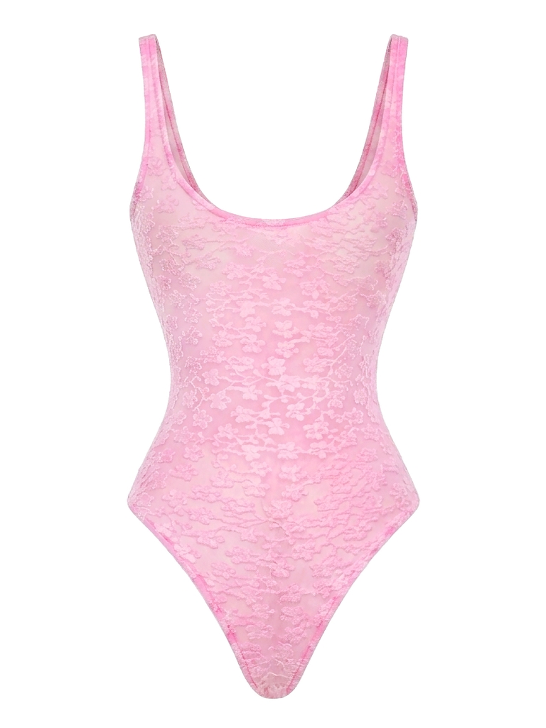 SISTERS Bodysuit hai dây xuyên thấu thêu hoa Orbit - Hồng