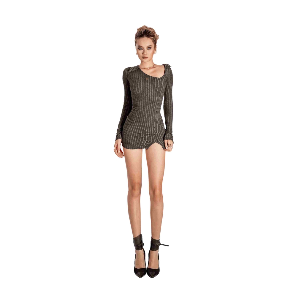 SISTERS Váy đầm body len lông thỏ cổ lệch Charlotte - Xám đậm