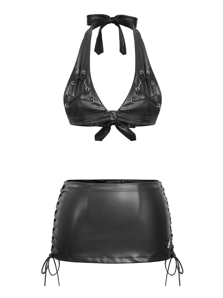 SISTERS Set áo bra chân váy da đan dây Grainne