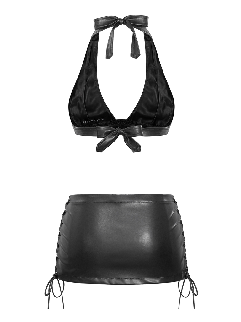 SISTERS Set áo bra chân váy da đan dây Grainne