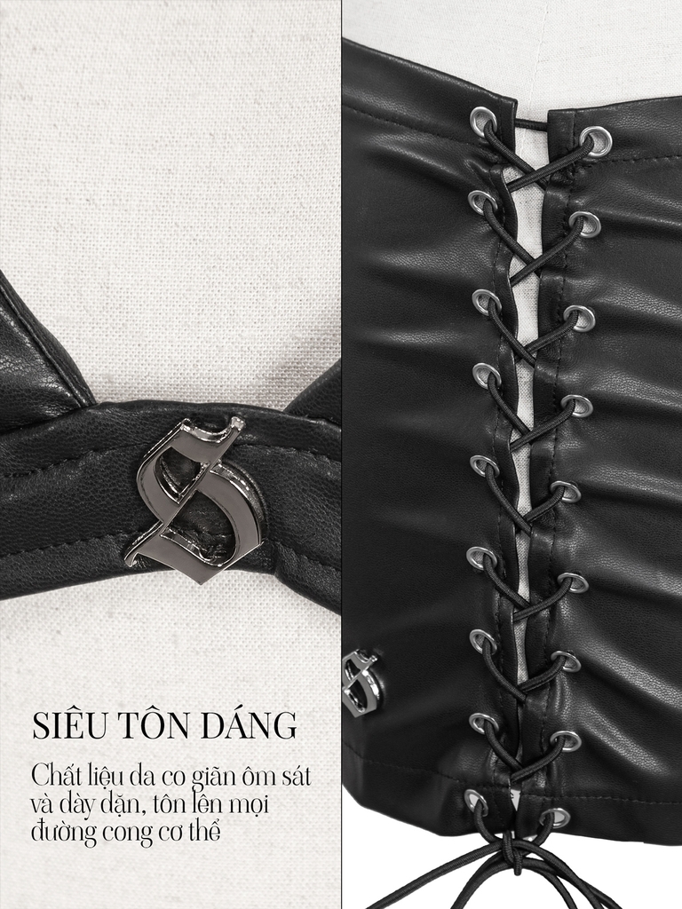 SISTERS Set áo bra chân váy da đan dây Grainne