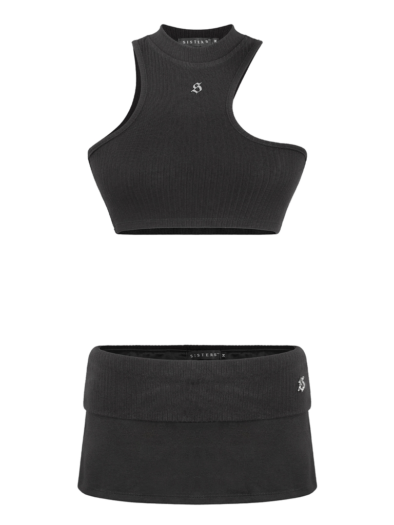 SISTERS Set áo len xẻ cổ váy lưng lật Lottie - Đen