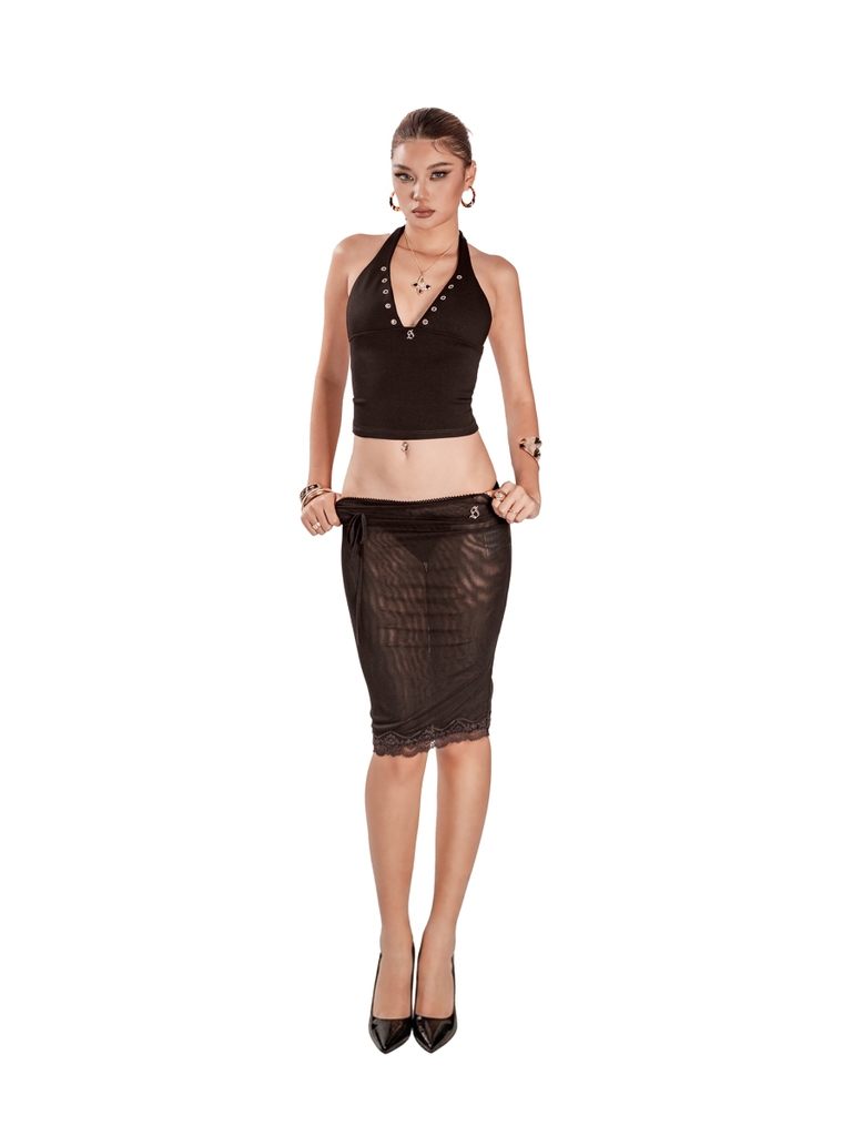SISTERS Áo croptop cổ yếm dây lưng thắt nơ Belinda - Đen