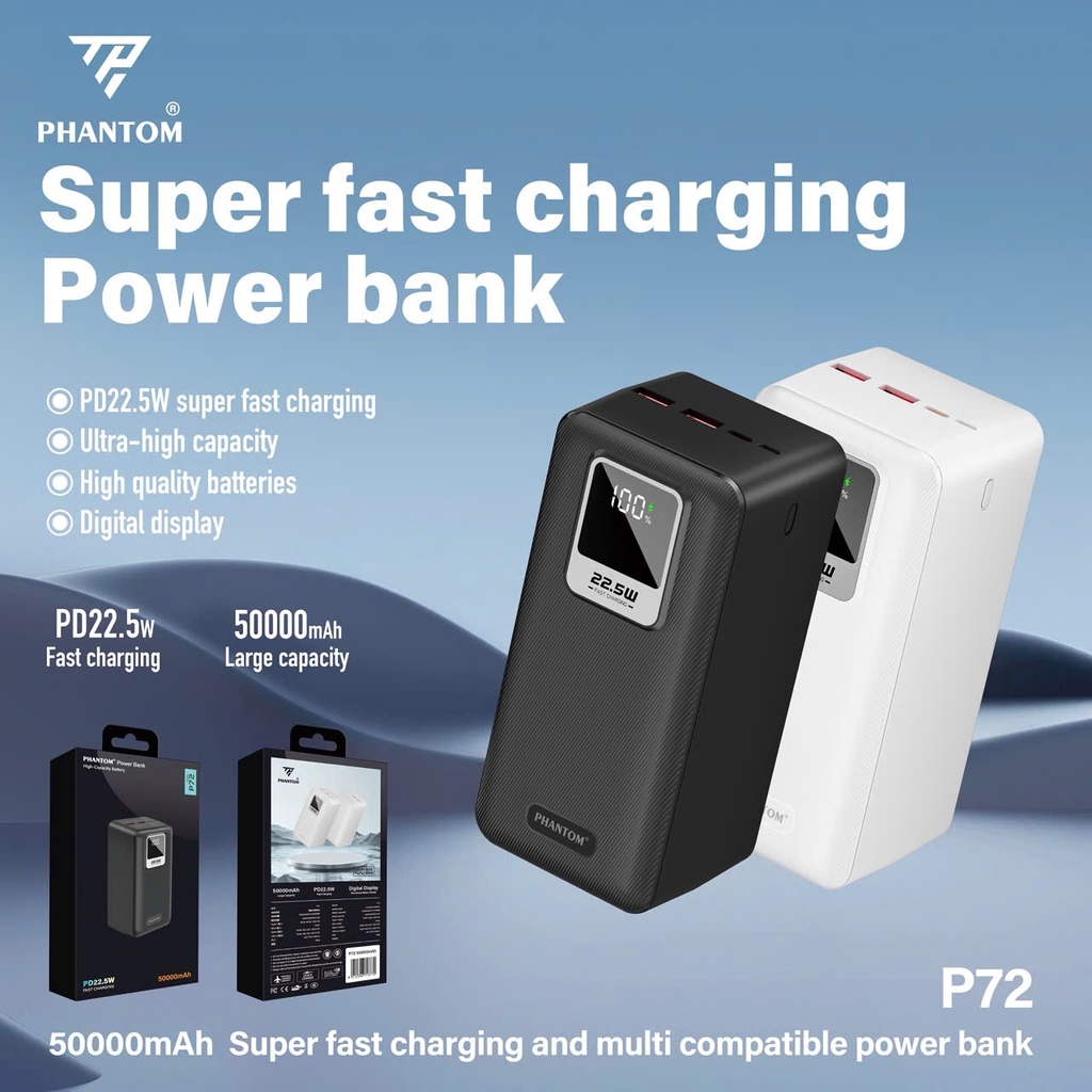 [Instock] PIN DỰ PHÒNG PHANTOM P72 50.000mah, dung lượng siêu khủng, hàng chính hãng (Kho đối tác)