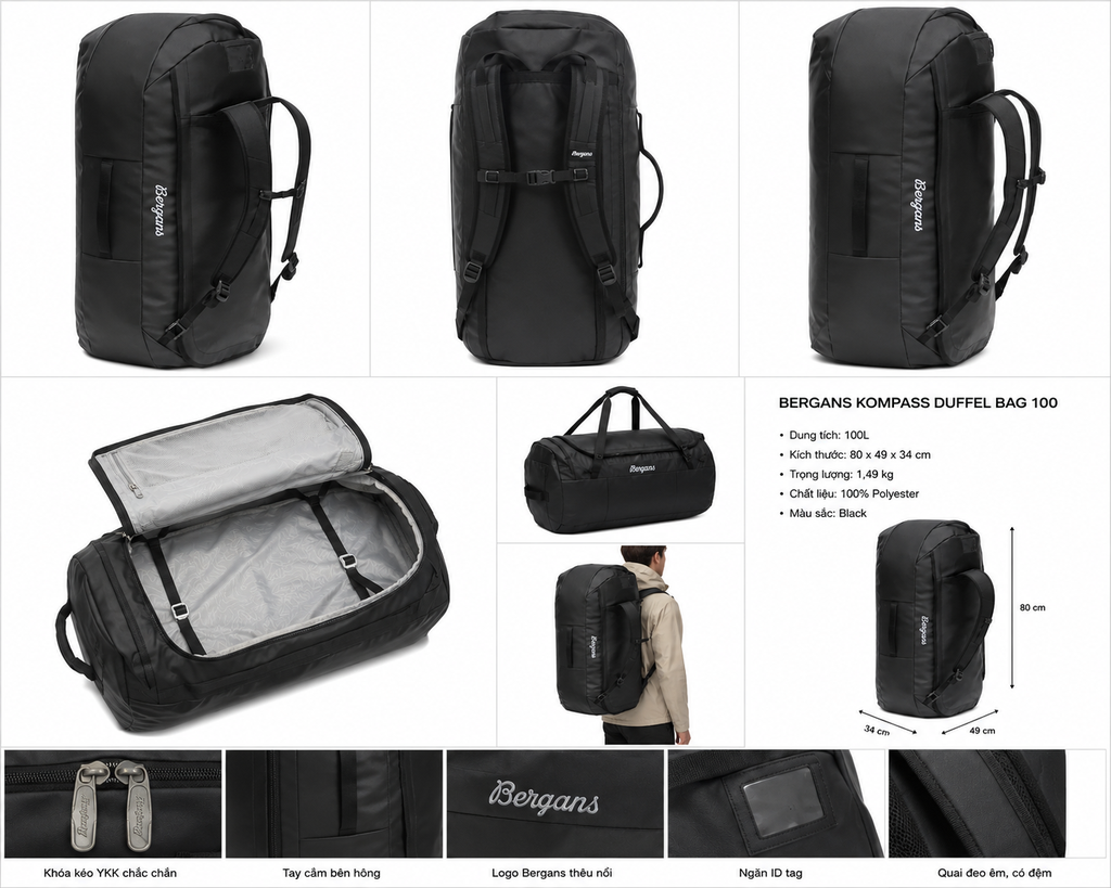 [Thanh lý] TÚI DU LỊCH KIÊM BALO BERGANS KOMPASS DUFFEL BAG, SIZE 50 LÍT (Kho đối tác)