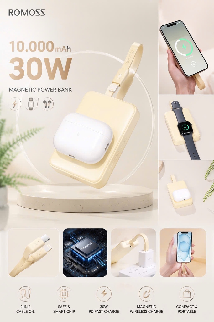 [Instock] PIN DỰ PHÒNG ROMOSS MAGSAFE 10.000MAH 30W, SẠC ĐƯỢC IPOD, SMARTWATCH (Kho đối tác)