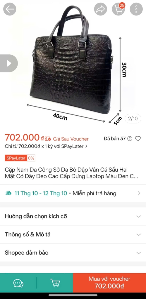 [Instock] CẶP CÔNG SỞ DA BÒ DẬP VÂN CÁ SẤU 2 MẶT, ĐỰNG VỪA LAPTOP 15,6 INCHES  (Kho đối tác)